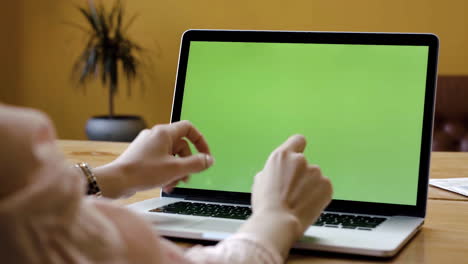 mujer escribiendo en una computadora portátil con pantalla verde