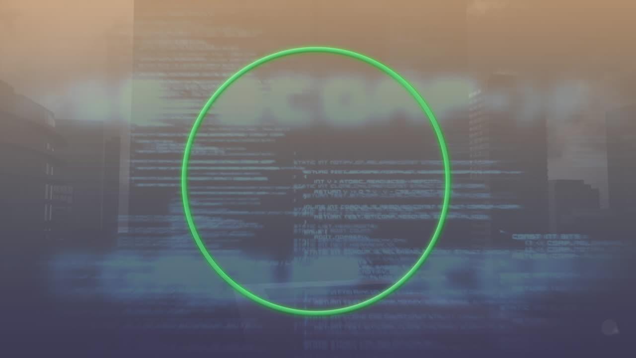 animación de glóbulos rojos y círculo verde con lenguaje de programación sobre el paisaje urbano