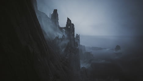 ruins atop a cliff overlook a misty ocean landscape at dusk