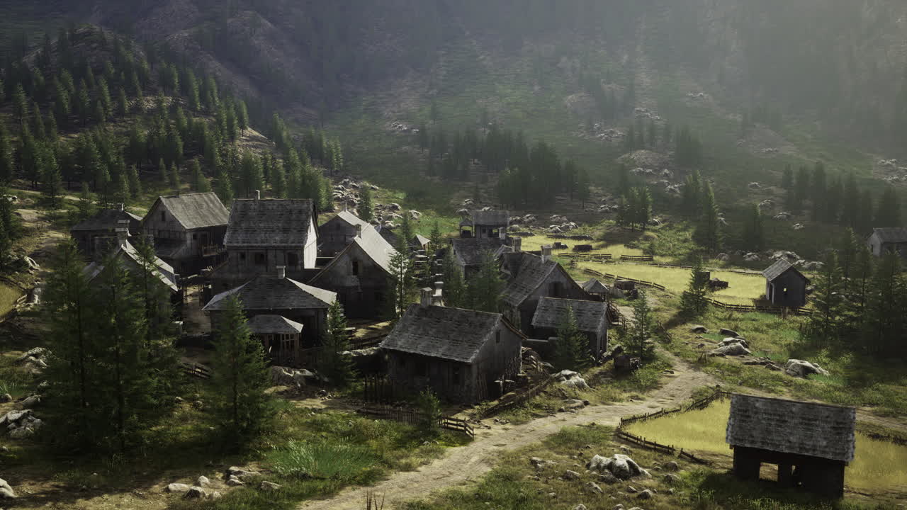 деревенская деревня, расположенная в горном ландшафте в золотой час