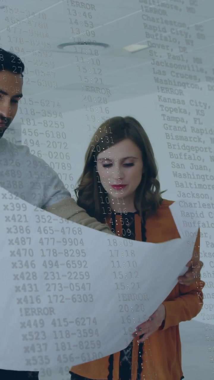Animation of financial data processing over diverse business people in office