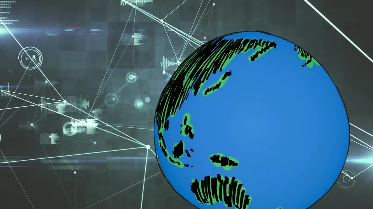 animazione del globo su rete di connessioni e elaborazione dei dati su sfondo nero