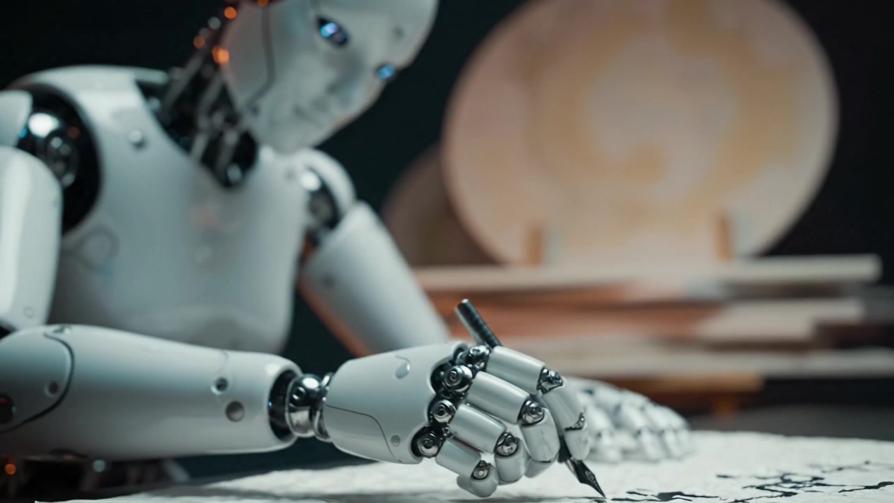 Indviklet robotkunst: En selvskrivende robot demonstrerer præcision og kreativitet med en pen på papir, der viser avanceret teknologi og kunstnerisk udtryk