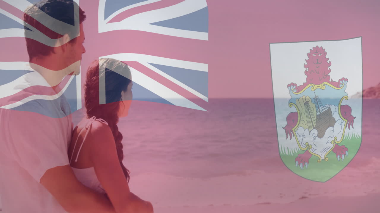 버뮤다 발과 국호 애니메이션으로 해변에서 포옹하는 커플