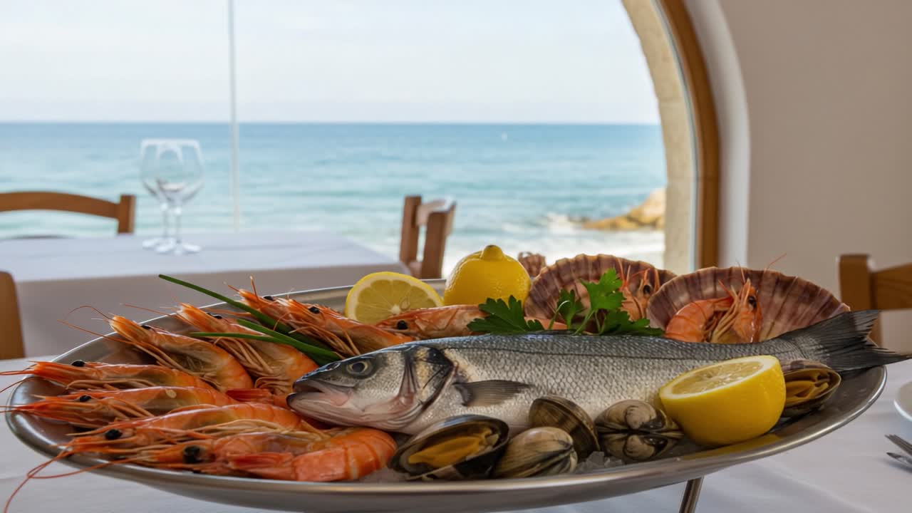 A Beautiful Culinary Presentation of Fresh Seafood Featuring Shrimp, Fish, Scallops, and Lemon, Set Against a Stunning Ocean View for a Perfect Dining Experience