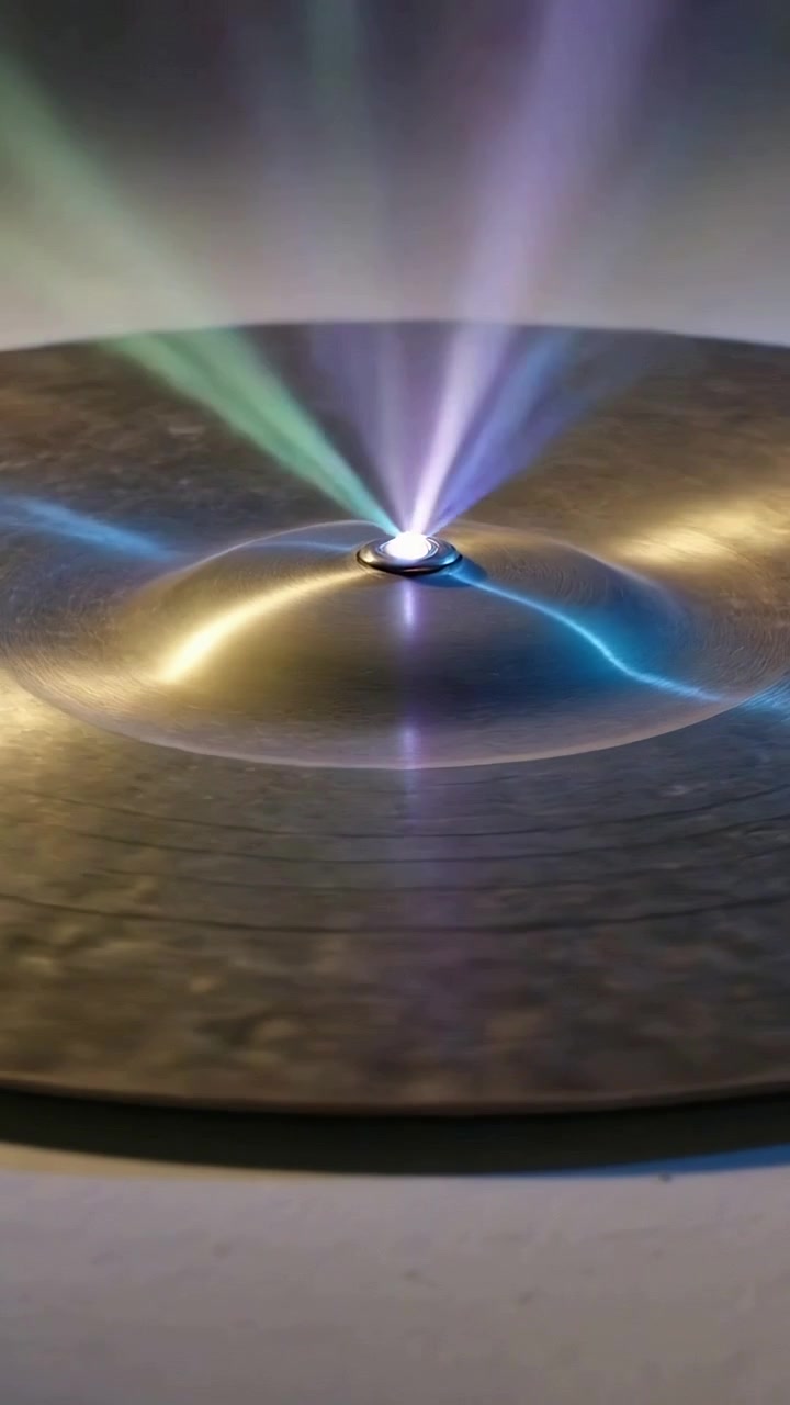 Vertical video: Powering emitter, grooved disc with dome shifting colors on table