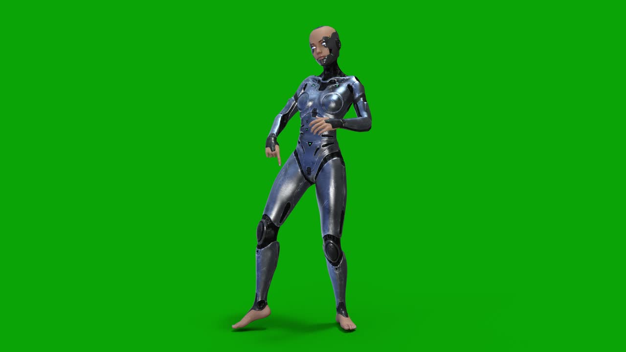 A beautiful female cyborg humanoid dancing on green screen 3D animation