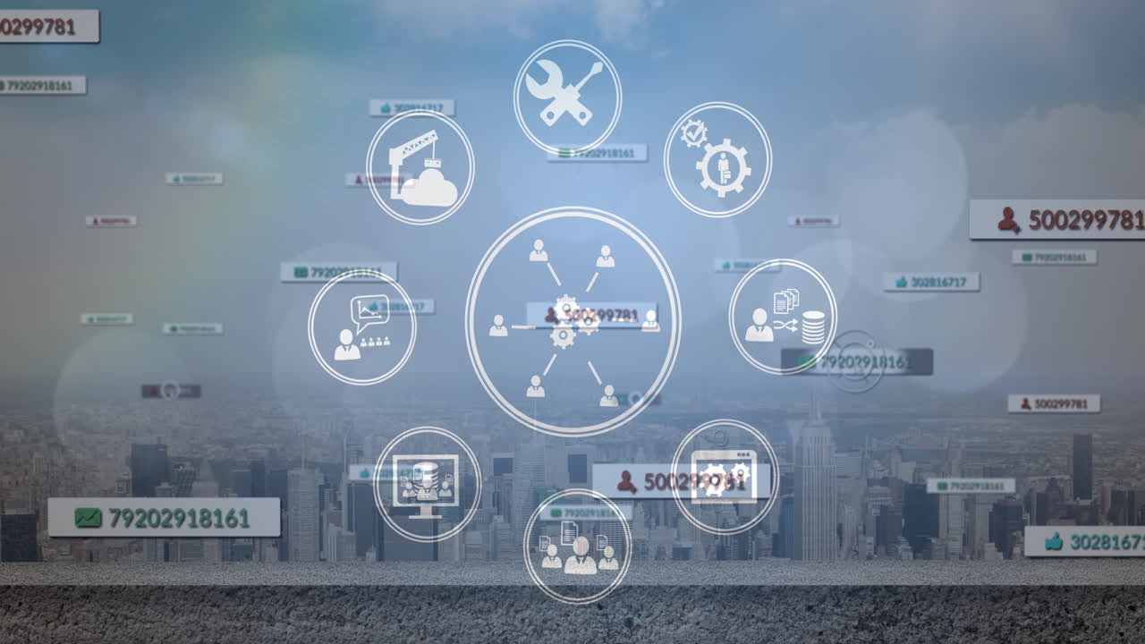 Animation of media icons over cityscape