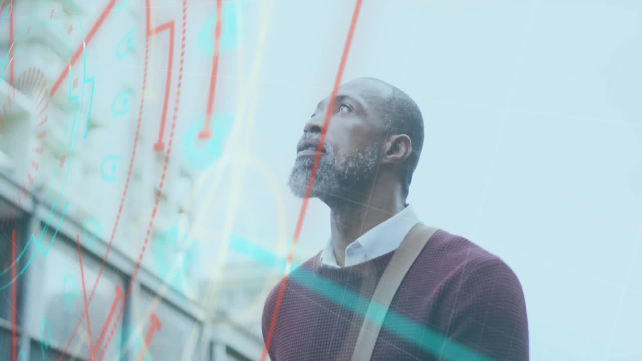Animação de processamento de dados financeiros sobre homem afro-americano na cidade