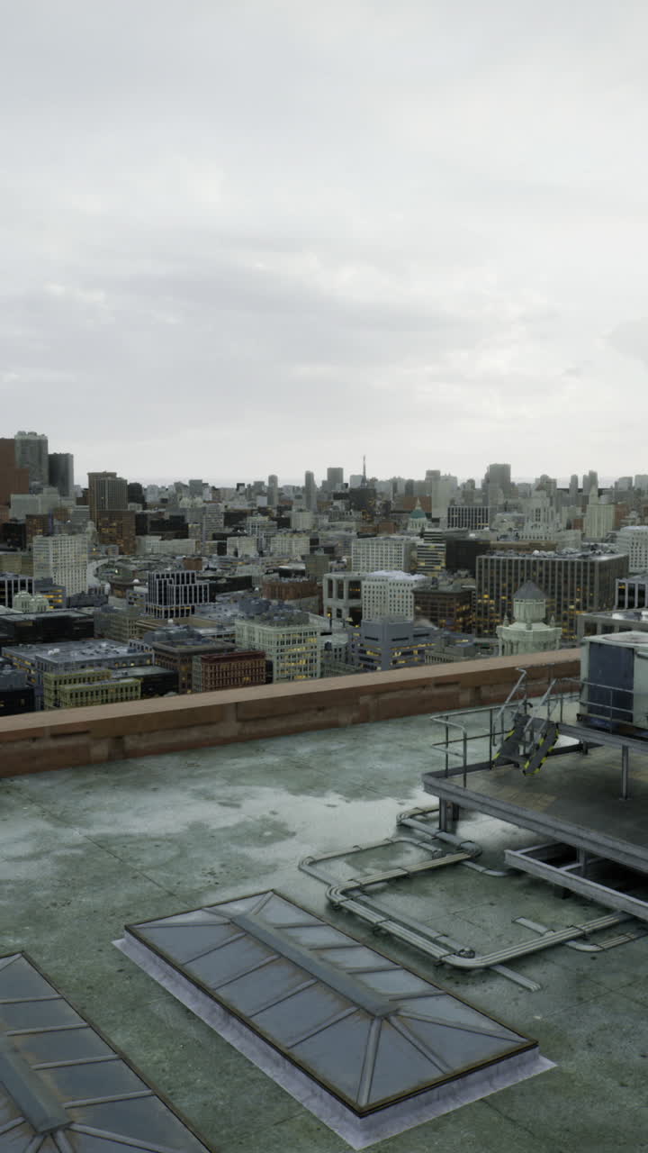 Urban skyline view from rooftop during cloudy daylight in a bustling metropolis