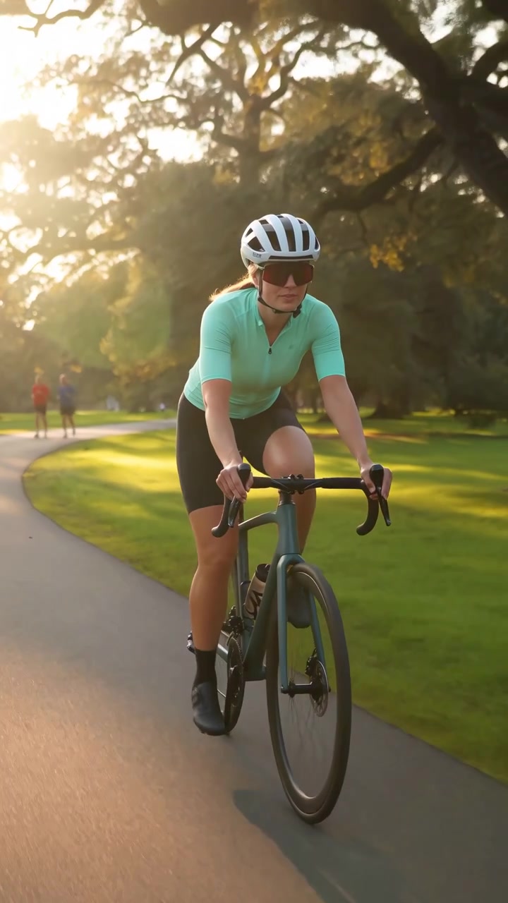 Un ciclista pedala lungo un sentiero curvo in un ambiente di parco soleggiato, muovendosi dal centro verso il lato con alberi, erba e lunghe ombre che creano una composizione esterna calma e un'atmosfera di ricreazione attiva