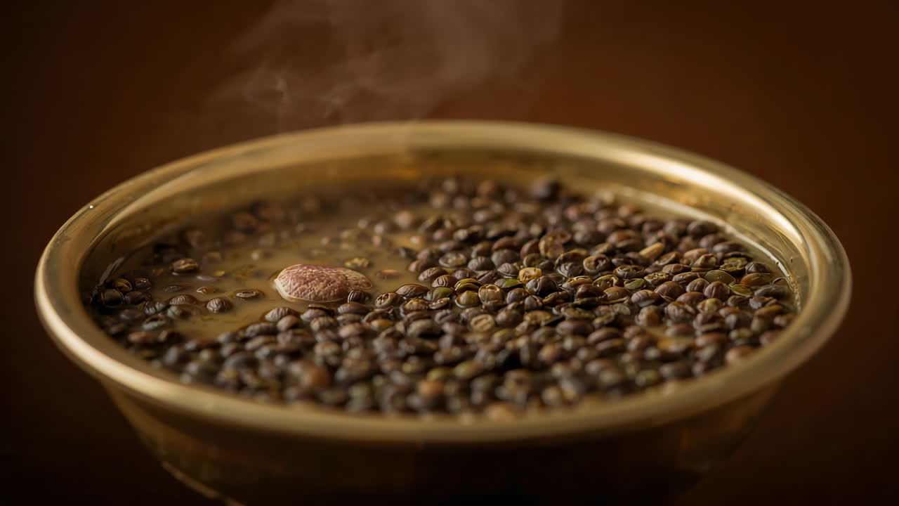 Shifting focus revealing dark seeds moving in brass bowl on tabletop, film revealing larger seed