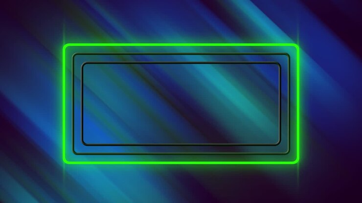 Blinkende grüne, gelbe und weiße Neonrechtecke über grünen und blauen Lichtern auf schwarzem Hintergrund.
