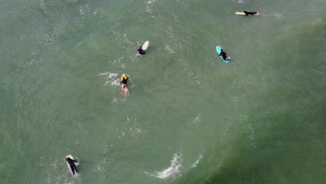 surfers paddling in open ocean waiting for waves, teamwork and outdoor sports, birds eye view