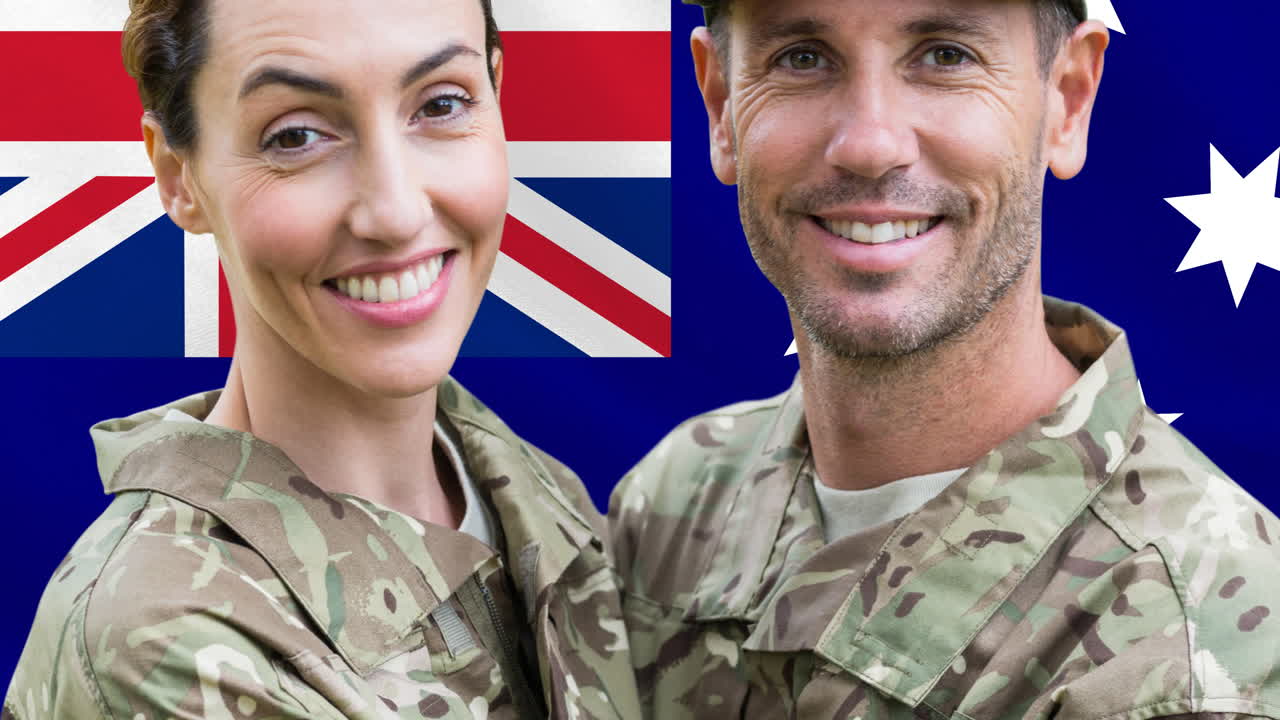 오스트레일리아의  ⁇ 발 위에 백인 남녀 군인들의 애니메이션