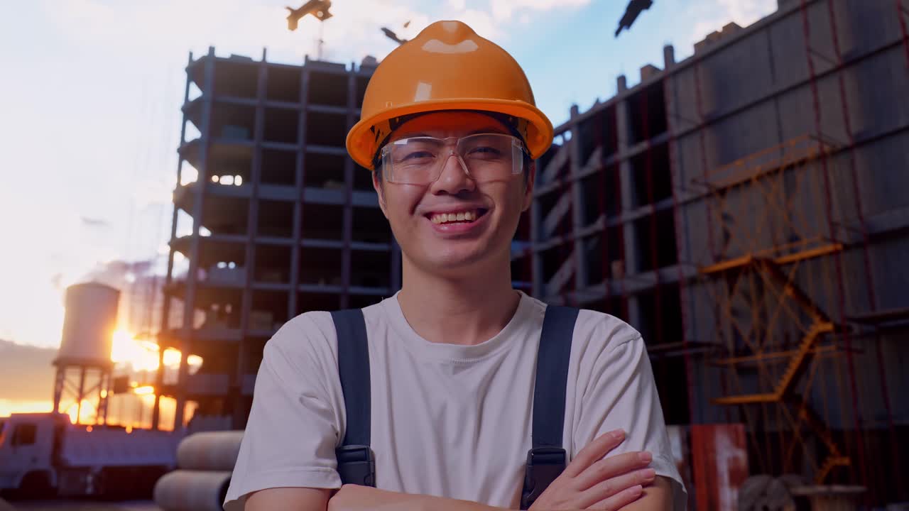 un trabajador asiático cruza los brazos en un sitio de construcción.