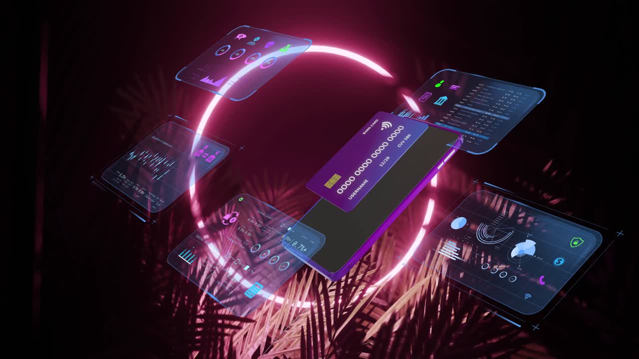 Dispositivo smartphone che appare, anello luminoso che si forma e pannelli che orbitano per mostrare un pagamento digitale.