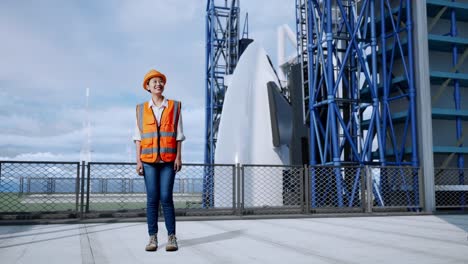 full body of asian female engineer with safety helmet looking around while standing with space shuttle