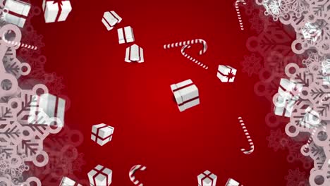 animation of presents and christmas candy canes falling over red background