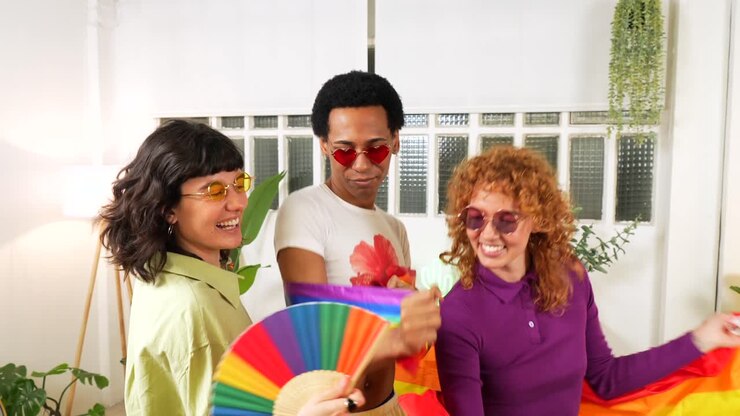 Group of diverse people celebrating LGBTQ Pride with rainbow flag