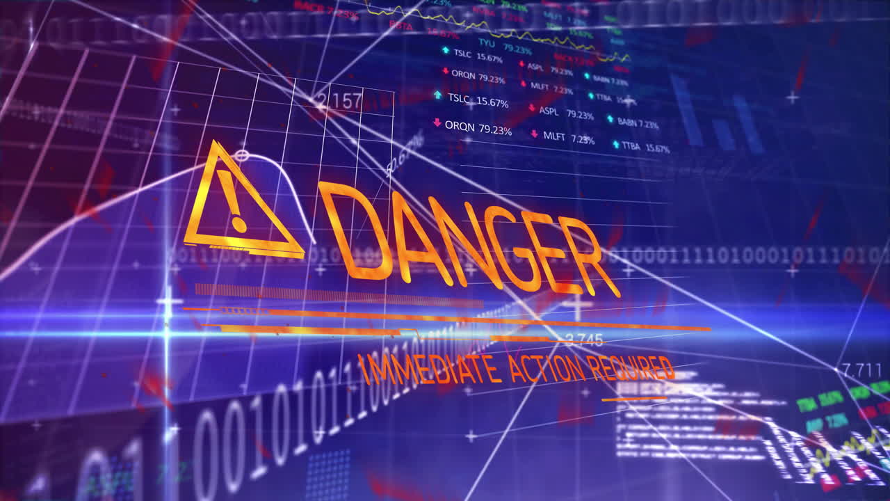 DANGER text glowing near warning triangle pulsing over hologram grid with streaming arrows, code