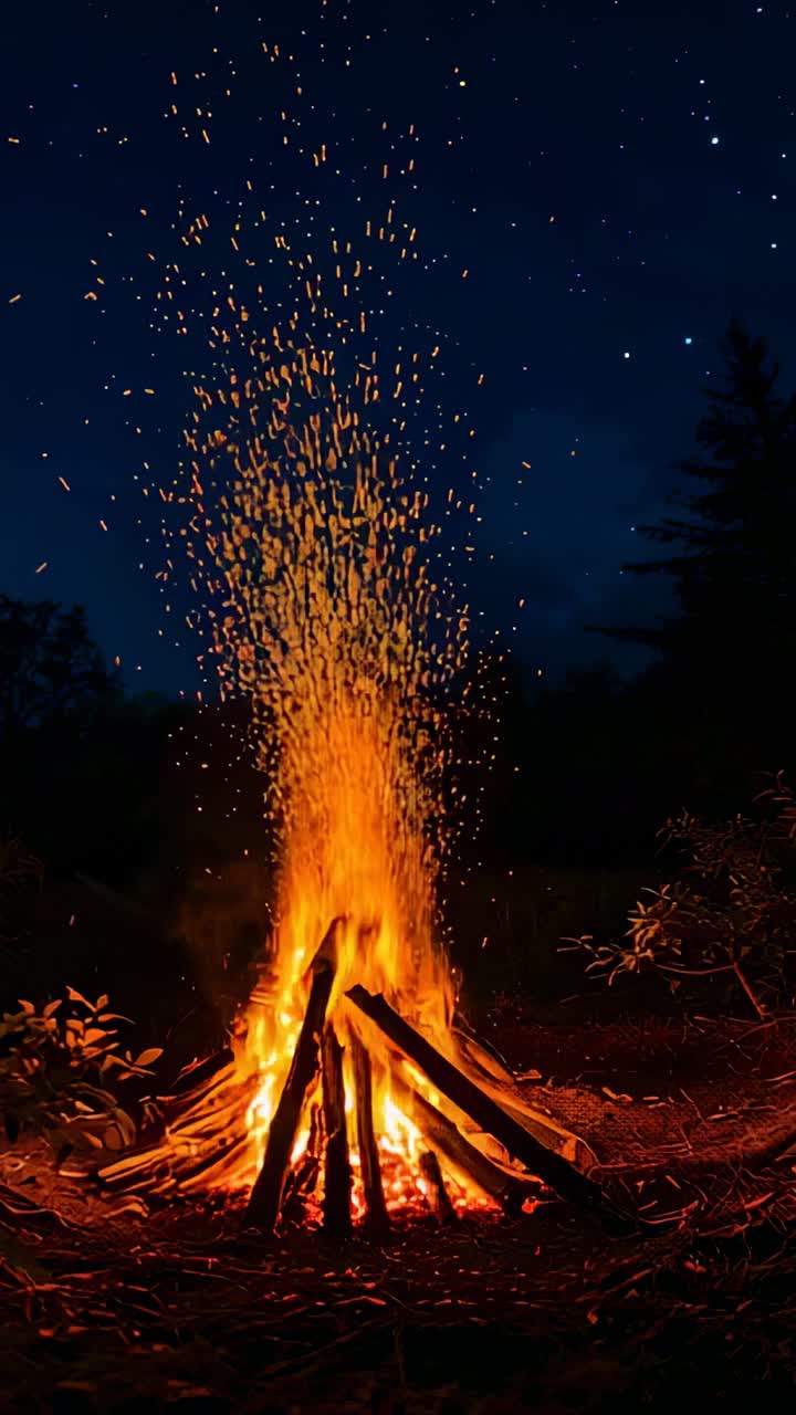 Vertical video: Igniting logs, bonfire sending ember column up by updraft, lighting shrubs in woods