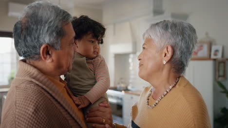 happy, love and grandparents with grandchild