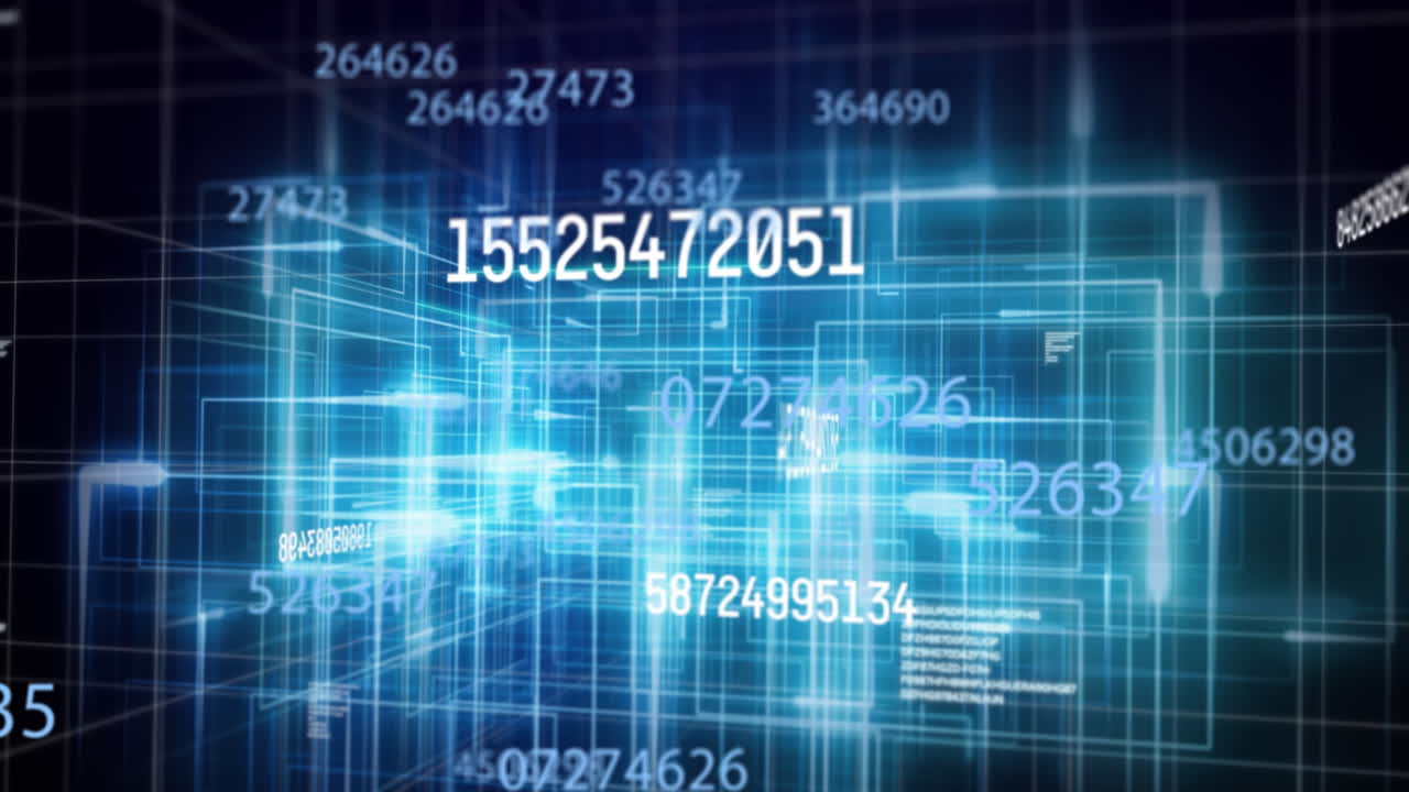 animación de números que cambian con el procesamiento de datos con líneas azules brillantes en el fondo