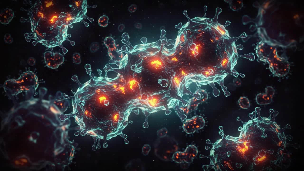 Intricate Visualization of Viruses Under a Microscopic Lens, Showcasing Their Unique Structure and Vibrant Coloration with a Focus on Cellular Interactions