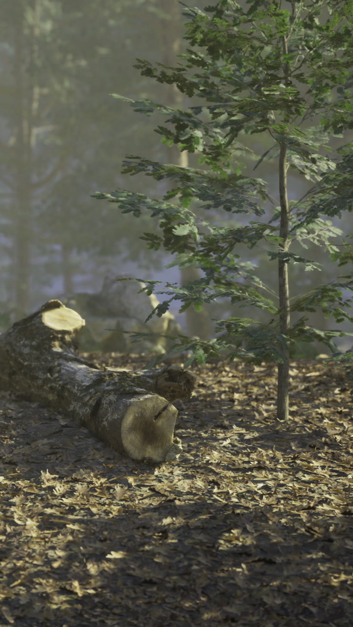 Enchanting woodland scene with sunlight filtering through trees at dawn