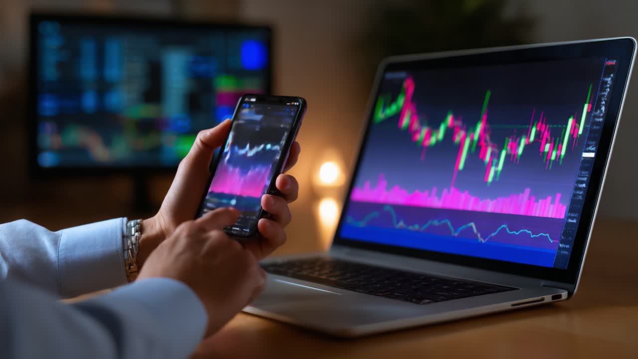 A focused individual analyzes stock market trends using a smartphone while monitoring live data on a laptop screen, illustrating the integration of technology and finance in modern trading environments