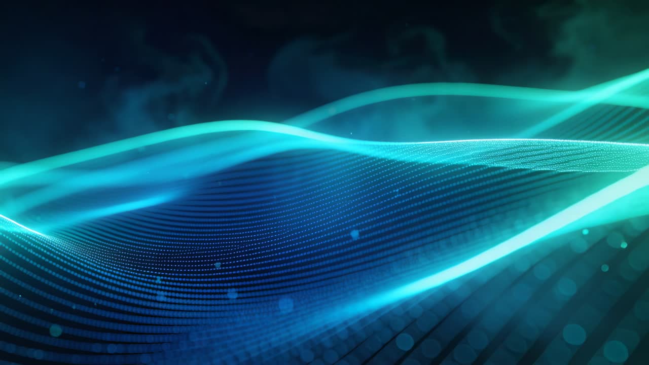 Playback initiating cyan teal ribbons moving across dotted mesh, particles drifting, showing tech