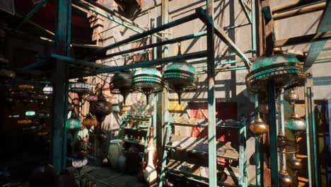 a traditional market with hanging lamps and other wares for sale