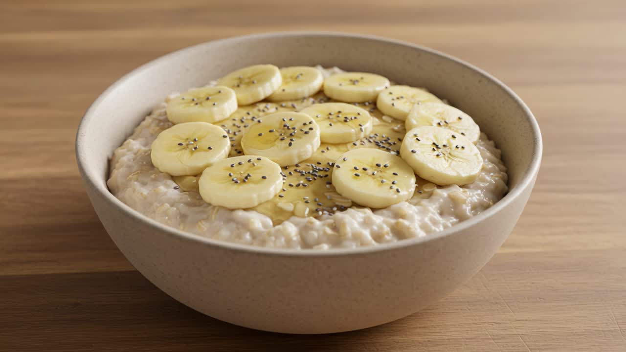 Deliciously Creamy Oatmeal Bowl Topped with Fresh Banana Slices and a Sprinkle of Chia Seeds for a Nutritious Breakfast Option