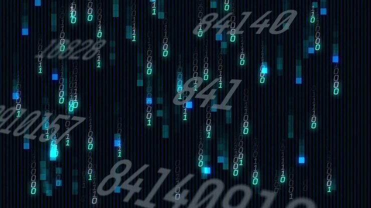 on start, binary streams flowing with blue blocks and cycling numeric overlays updating live feed