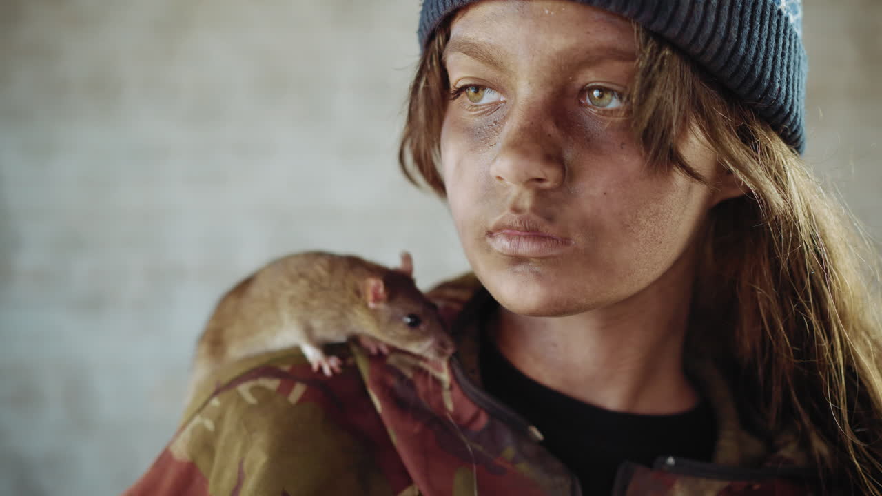 Close up of young girl with dusty face and blue knit hat stands still as rat perched on shoulder leans forward to sniff her cheek, capturing raw tension and survival inside cold abandoned shelter