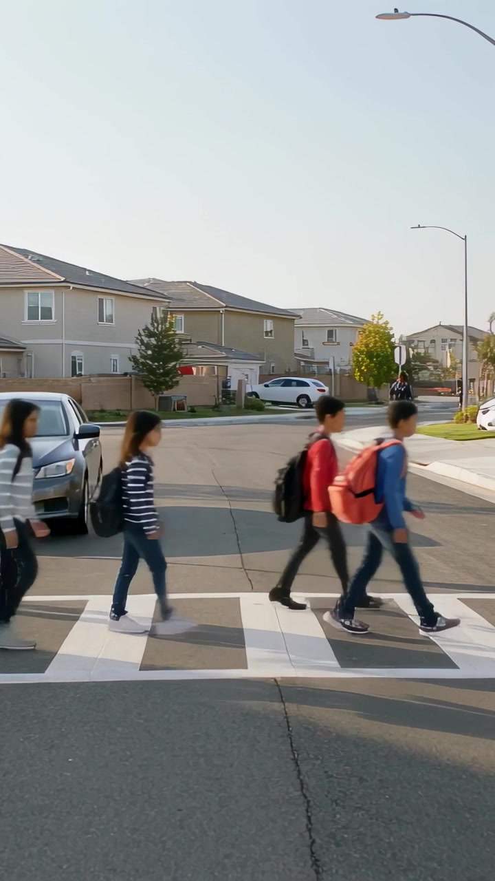 Vertical video: Slowing sedan children crossing zebra crosswalk in suburb for school with backpacks