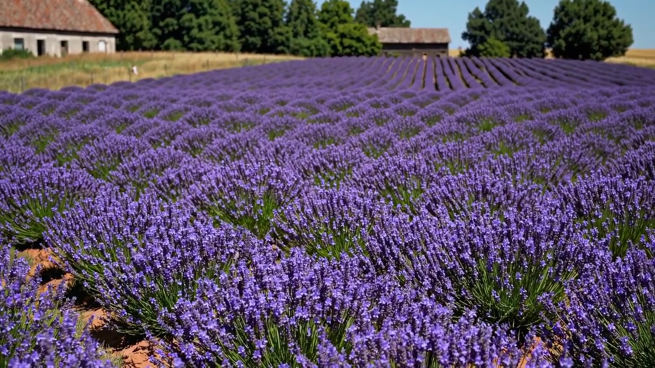 Vista Panorâmica de um Campo de Lavanda em Plena Floração em um Dia Ensolarado