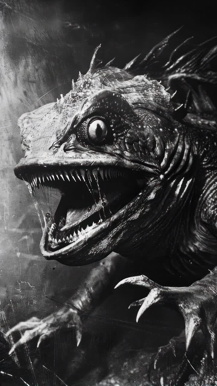 A dramatic close-up of a monstrous fish in black and white, captured from a low angle