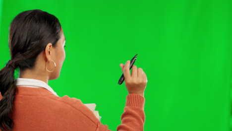 Asian-woman,-teacher-and-writing-with-pen-on-green