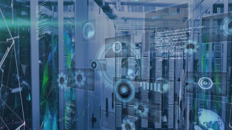 Animation of digital clock, globes, radar and computer language over server racks