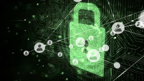 Animation of network of connections with icons over digital padlock