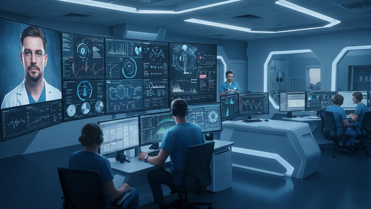Advanced Medical Monitoring: A High-Tech Healthcare Control Room Showcasing Team Collaboration and Data Analysis for Patient Care Improvement
