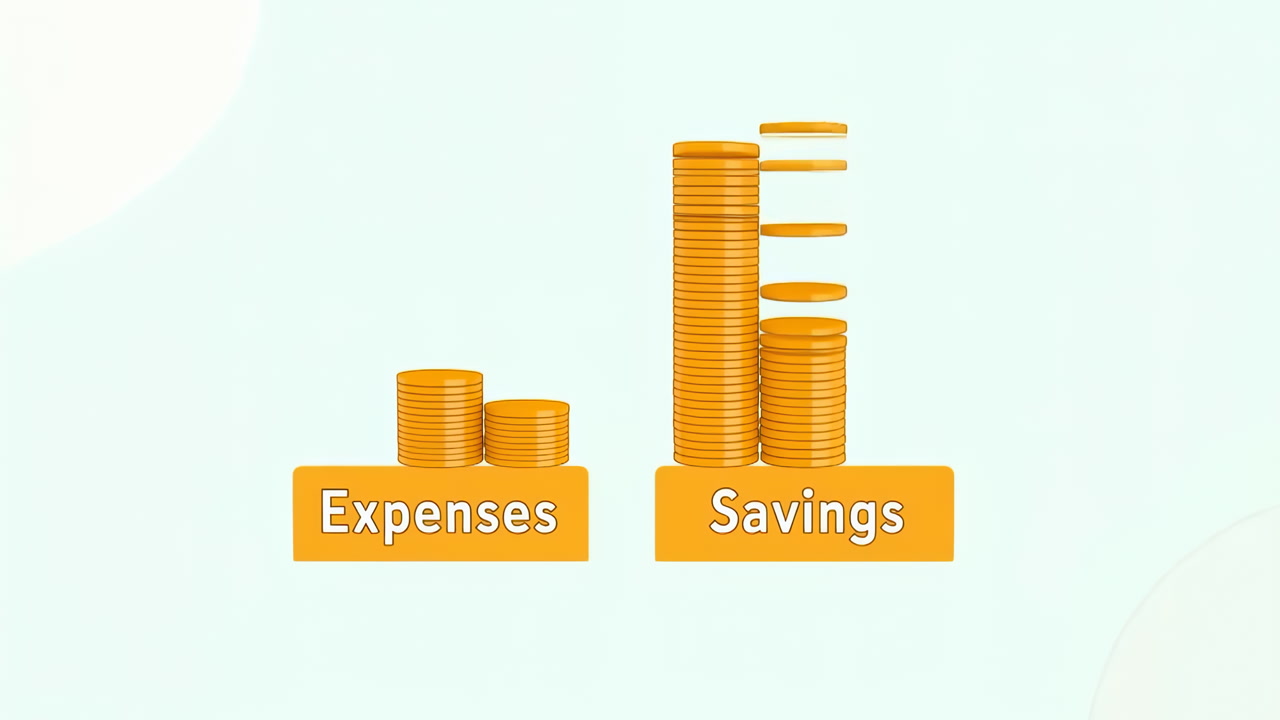 Gold Coin Stacks Show Savings Growth And Compare Smaller Expenses Stacks In Minimalist Pastel Scene, Animated