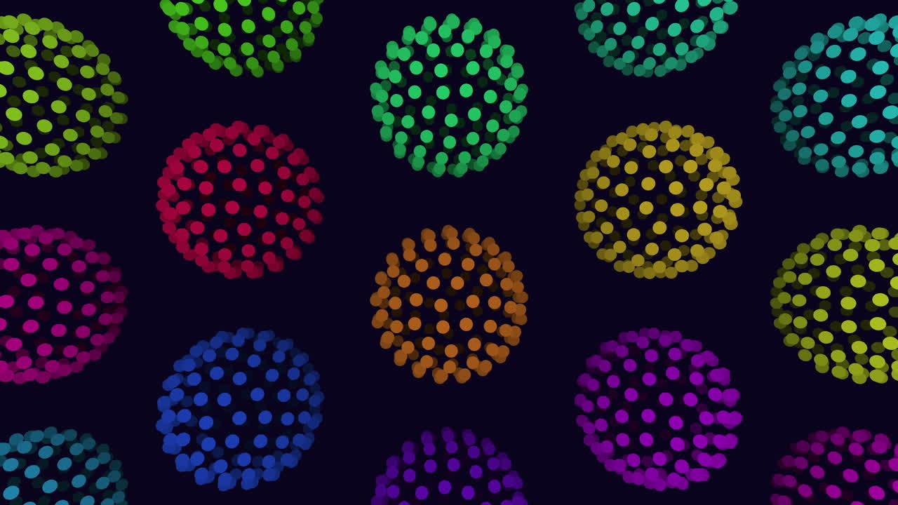 Sfere puntinate colorate astratte che fluttuano su sfondo scuro, movimento continuo