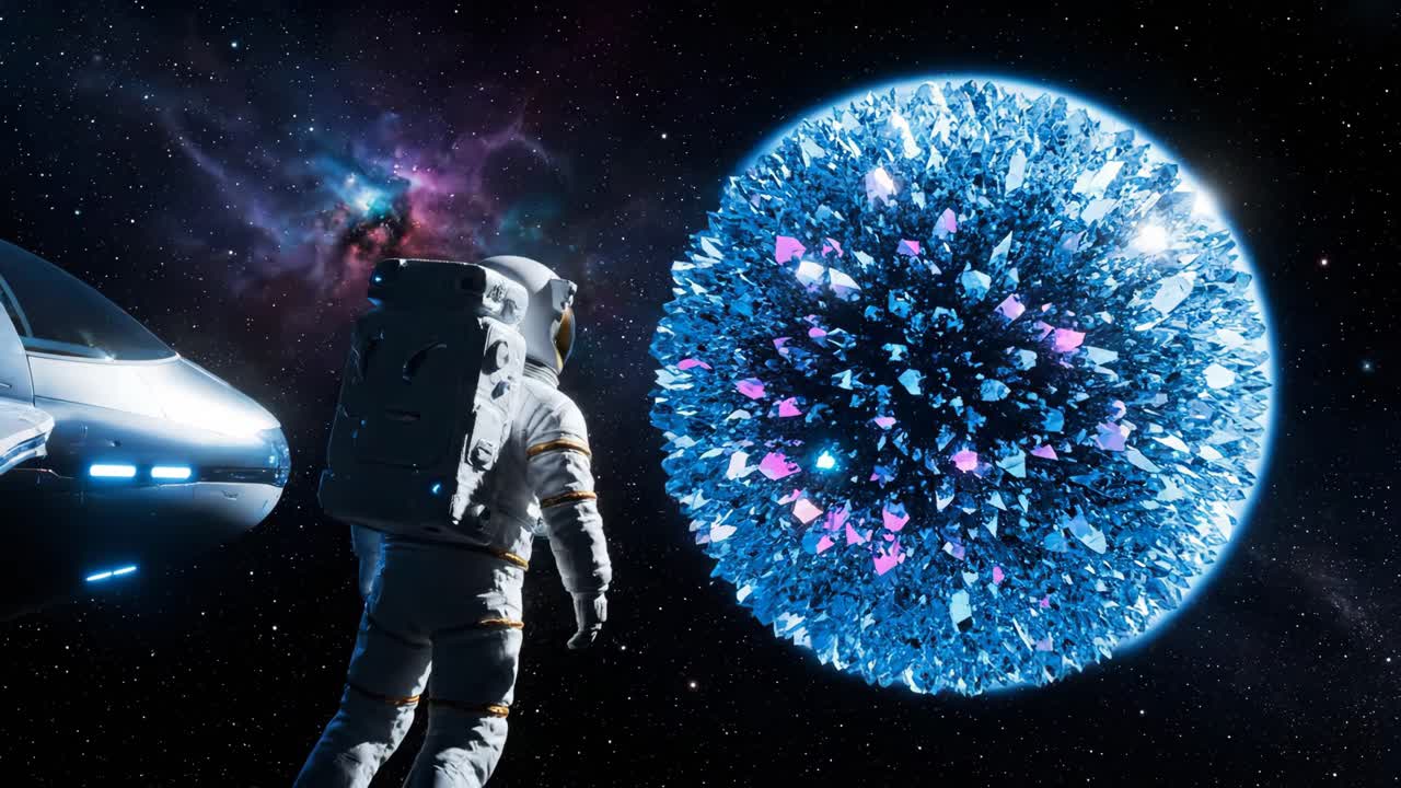 Astronaut Exploring a Crystal Planet in Outer Space