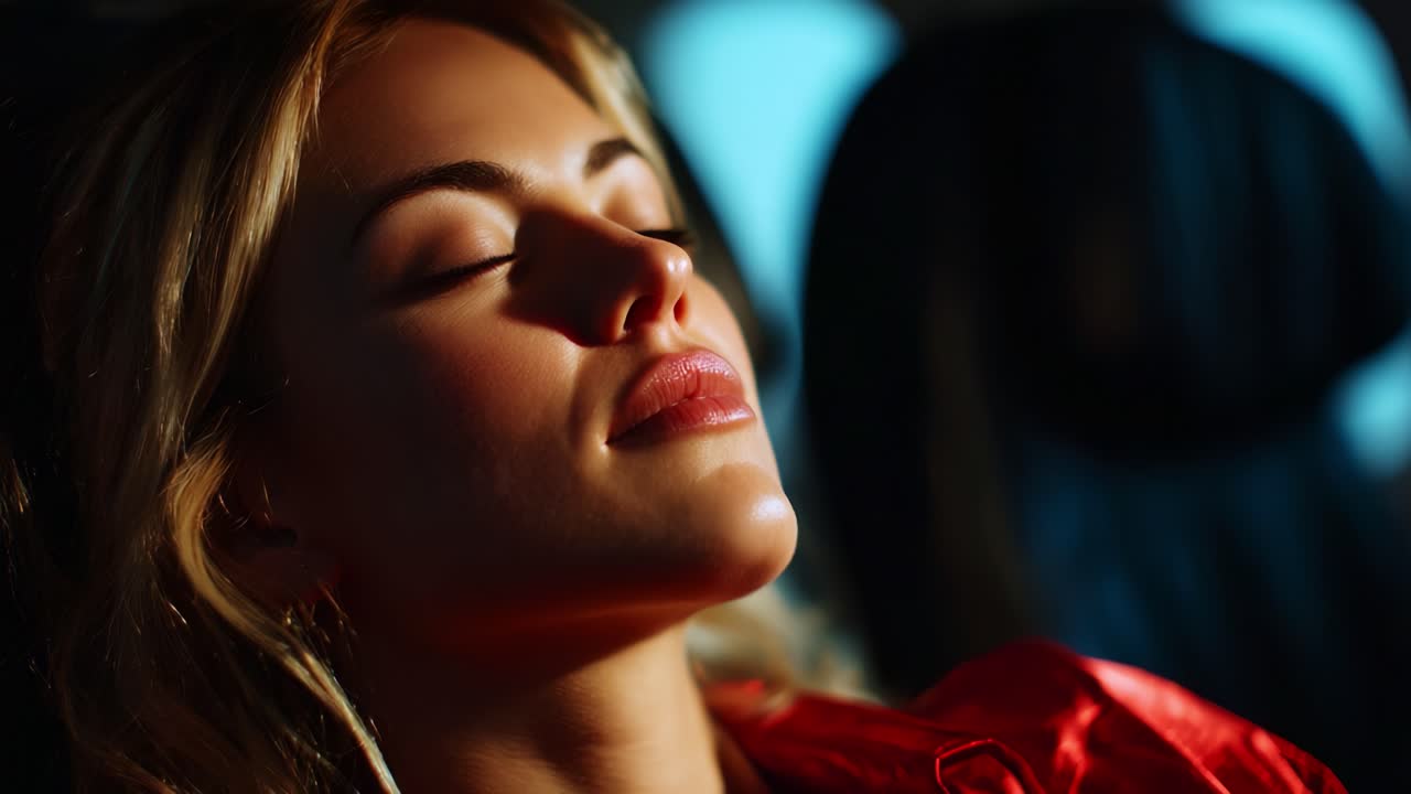 A tranquil moment of serenity captured in a close-up shot of a relaxed individual, bathed in soft light, embodying peace and calmness with eyes closed and a serene expression on their face
