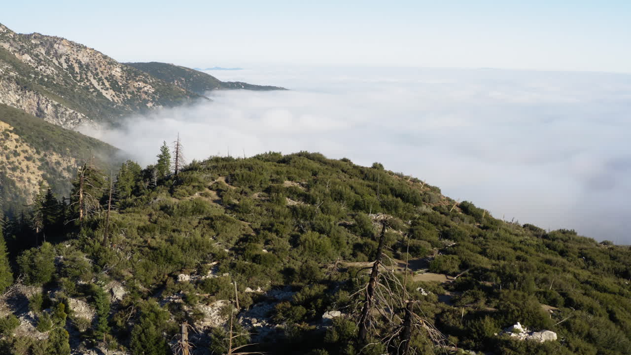 mar de nubes formadas sobre el horizonte junto a una enorme cordillera durante el verano, vuelo aéreo hacia adelante