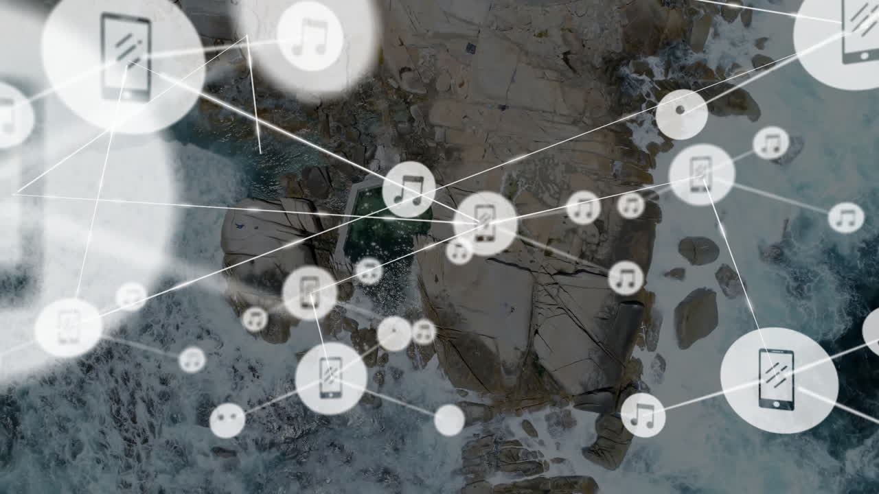 iconas de música y medios conectadas por líneas de animación sobre la costa rocosa