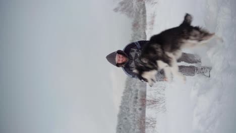 Ein-Mann-Spielt-Mit-Seinem-Alaskan-Malamute-Ein-Schneeballspiel---Hochformat